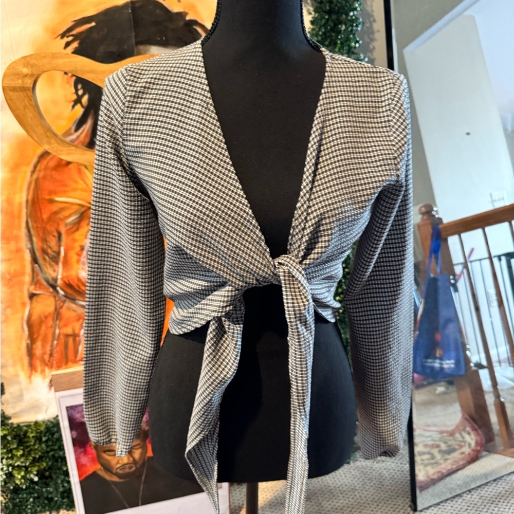 Black and White Checkered Tie-Front Top
